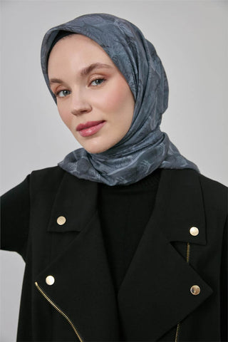 İnce Pamuk Soft Eşarp Antrasit Yaprak Desenli Hafif Dokulu 90X90 - Soft Eşarp - | Silk Home