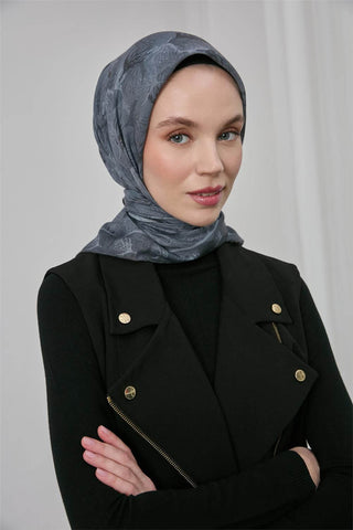 İnce Pamuk Soft Eşarp Antrasit Yaprak Desenli Hafif Dokulu 90X90 - Soft Eşarp - | Silk Home