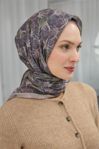 İnce Pamuk Soft Eşarp Soluk Mor Yaprak Desenli Hafif Dokulu 90X90 - Soft Eşarp - | Silk Home