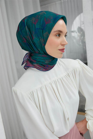 İnce Pamuk Soft Eşarp Yeşil Yaprak Desenli Hafif Dokulu 90X90