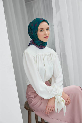 İnce Pamuk Soft Eşarp Yeşil Yaprak Desenli Hafif Dokulu 90X90 - Soft Eşarp - | Silk Home