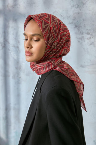 Soft Pamuk Eşarp Vişne Mercan Bej Geometrik Desenli Hafif Dokulu 90X90 - Soft Eşarp - | Silk Home