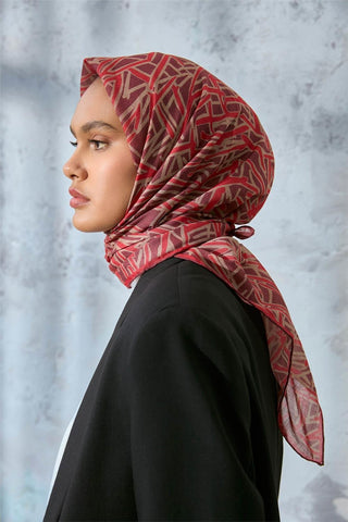 Soft Pamuk Eşarp Vişne Mercan Bej Geometrik Desenli Hafif Dokulu 90X90 - Soft Eşarp - | Silk Home