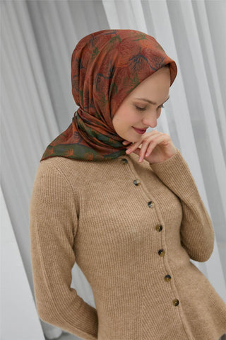 Soft Pamuk Eşarp Taba Yaprak Desenli Hafif Tok Duruşlu 90X90