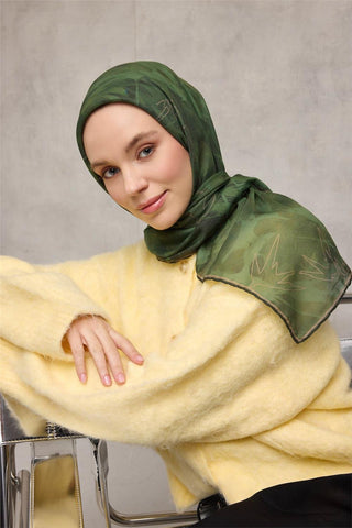 Pamuk Polyester Soft Eşarp Yaprak Desen Zümrüt Yeşili 90X90