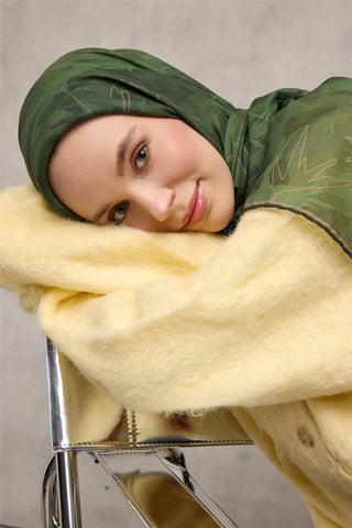Pamuk Polyester Soft Eşarp Yaprak Desen Zümrüt Yeşili 90X90