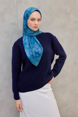 Pamuk Polyester Soft Eşarp Yaprak Desen Turkuaz 90X90