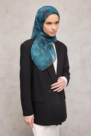 Pamuk Polyester Soft Eşarp Yaprak Desen Açık Petrol Mavisi 90X90
