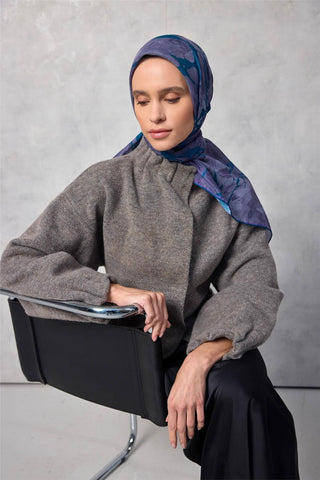 Pamuk Polyester Soft Eşarp Yaprak Desen Lavanta 90X90