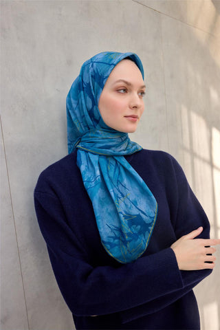 Pamuk Polyester Soft Eşarp Yaprak Desen Turkuaz 90X90