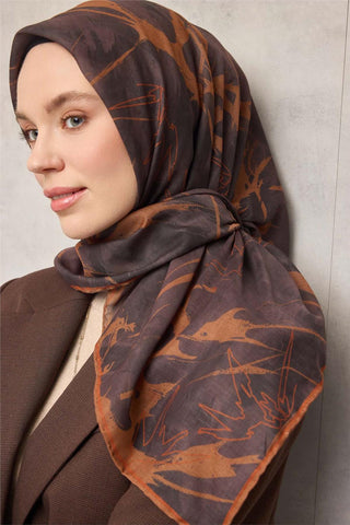 Pamuk Polyester Soft Eşarp Yaprak Desen Kestane 90X90