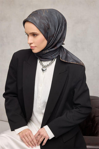 Pamuk Polyester Soft Eşarp Yaprak Desen Koyu Antrasit 90X90