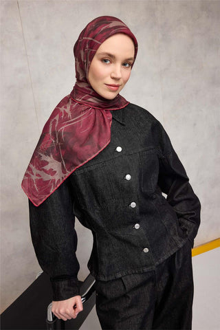 Pamuk Polyester Soft Eşarp Yaprak Desen Mürdüm 90X90 | Silk Home