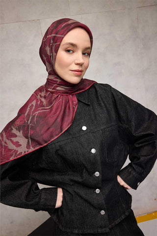 Cotton Polyester Soft Scarf Leaf Pattern Plum 90x90