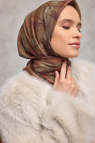 Pamuk Polyester Soft Eşarp Yaprak Desen Olive Kahve 90X90