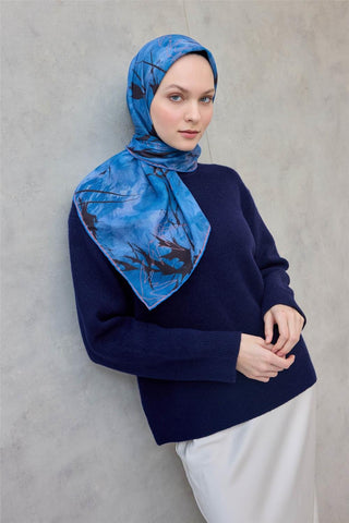 Pamuk Polyester Soft Eşarp Yaprak Desen Mavi 90X90 - Soft Eşarp - | Silk Home
