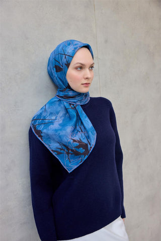 Pamuk Polyester Soft Eşarp Yaprak Desen Mavi 90X90 - Soft Eşarp - | Silk Home