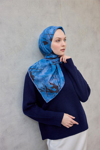 Pamuk Polyester Soft Eşarp Yaprak Desen Mavi 90X90 - Soft Eşarp - | Silk Home