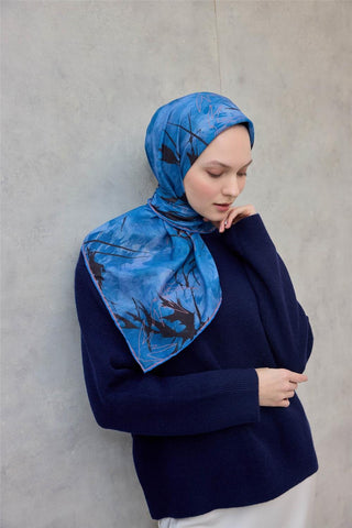 Pamuk Polyester Soft Eşarp Yaprak Desen Mavi 90X90 - Soft Eşarp - | Silk Home