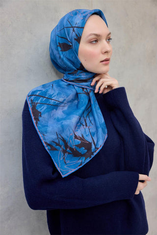 Pamuk Polyester Soft Eşarp Yaprak Desen Mavi 90X90 - Soft Eşarp - | Silk Home