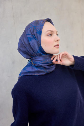 Pamuk Polyester Soft Eşarp Yaprak Desen Violet 90X90
