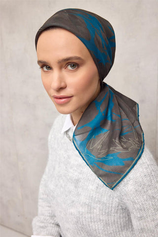 Pamuk Polyester Soft Eşarp Yaprak Desen Antrasit 90X90