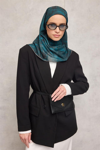 Pamuk Polyester Soft Eşarp Yaprak Desen Petrol Mavi 90X90 - Soft Eşarp - | Silk Home