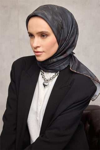 Pamuk Polyester Soft Eşarp Yaprak Desen Koyu Antrasit 90X90 - Soft Eşarp - | Silk Home
