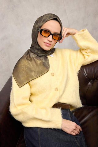 Pamuk Polyester Soft Eşarp Yaprak Desen Asker Yeşili 90X90 - Soft Eşarp - | Silk Home