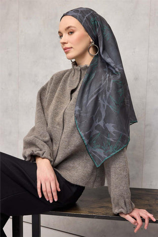 Pamuk Polyester Soft Eşarp Yaprak Desen Antrasit Mavi 90X90 - Soft Eşarp - | Silk Home