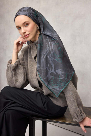Pamuk Polyester Soft Eşarp Yaprak Desen Antrasit Mavi 90X90 - Soft Eşarp - | Silk Home