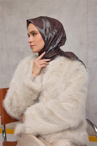 Pamuk Polyester Soft Eşarp Yaprak Desen Kızıl Kahve 90X90 - Soft Eşarp - | Silk Home