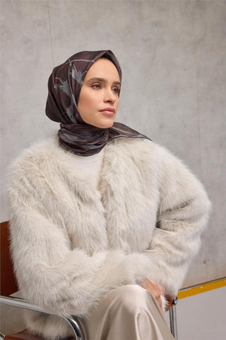 Pamuk Polyester Soft Eşarp Yaprak Desen Kızıl Kahve 90X90 - Soft Eşarp - | Silk Home