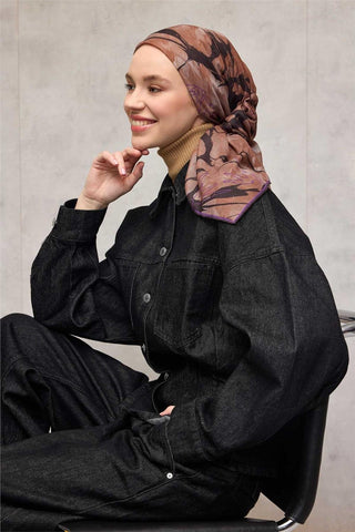 Pamuk Polyester Soft Eşarp Yaprak Desen Mor 90X90 - Soft Eşarp - | Silk Home