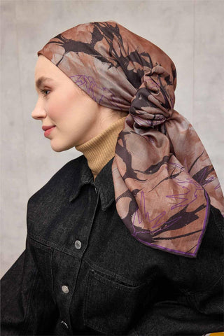 Pamuk Polyester Soft Eşarp Yaprak Desen Mor 90X90 - Soft Eşarp - | Silk Home