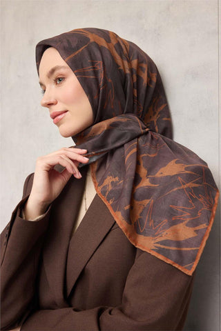 Pamuk Polyester Soft Eşarp Yaprak Desen Kestane 90X90 - Soft Eşarp - | Silk Home