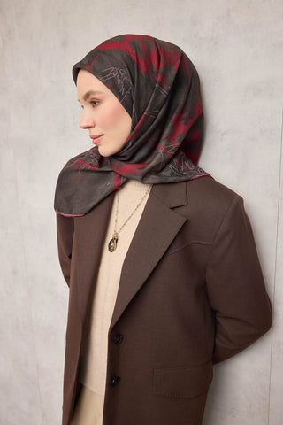 Pamuk Polyester Soft Eşarp Yaprak Desen Dumanlı Siyah 90X90 - Soft Eşarp - | Silk Home