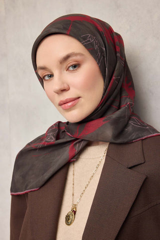 Pamuk Polyester Soft Eşarp Yaprak Desen Dumanlı Siyah 90X90 - Soft Eşarp - | Silk Home