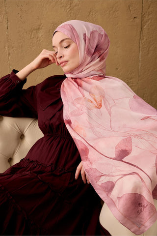 Polyester Velina Şal Rose-Pudra Pembe Somon Turuncu Narçiçeği Desenli İpeksi Dokulu Hafif Yapılı 70X190 - Velina Şal - | Silk Home