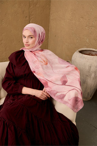 Polyester Velina Şal Rose-Pudra Pembe Somon Turuncu Narçiçeği Desenli İpeksi Dokulu Hafif Yapılı 70X190 - Velina Şal - | Silk Home