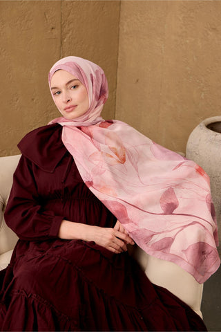 Polyester Velina Şal Rose-Pudra Pembe Somon Turuncu Narçiçeği Desenli İpeksi Dokulu Hafif Yapılı 70X190 - Velina Şal - | Silk Home