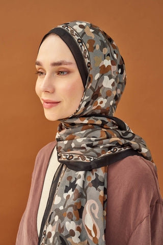 Riva Şal Tencel Botanical Floral Koyu Gri - Riva Şal - | Silk Home