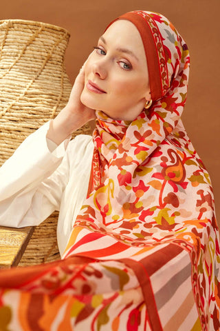 Riva Şal Tencel Botanical Floral Koyu Turuncu - Riva Şal - | Silk Home