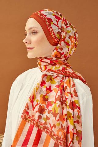 Riva Şal Tencel Botanical Floral Koyu Turuncu - Riva Şal - | Silk Home