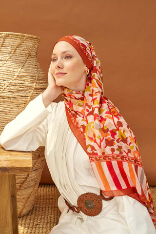 Riva Şal Tencel Botanical Floral Koyu Turuncu - Riva Şal - | Silk Home