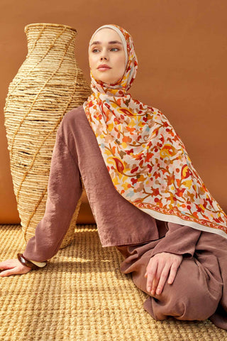 Riva Şal Tencel Botanical Floral Krem - Riva Şal - | Silk Home