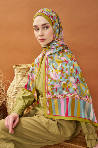 Riva Şal Tencel Botanical Floral Yağ Yeşili - Riva Şal - | Silk Home