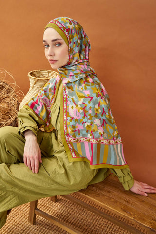 Riva Şal Tencel Botanical Floral Yağ Yeşili - Riva Şal - | Silk Home