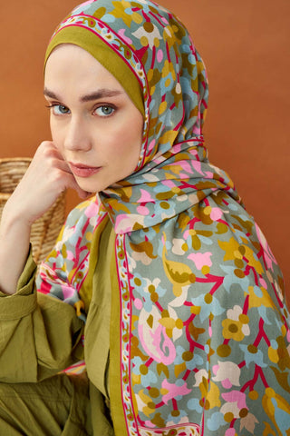 Riva Şal Tencel Botanical Floral Yağ Yeşili - Riva Şal - | Silk Home