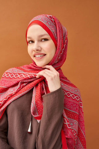 Riva Şal Tencel Ethnic Way Bayrak Kırmızısı - Riva Şal - | Silk Home